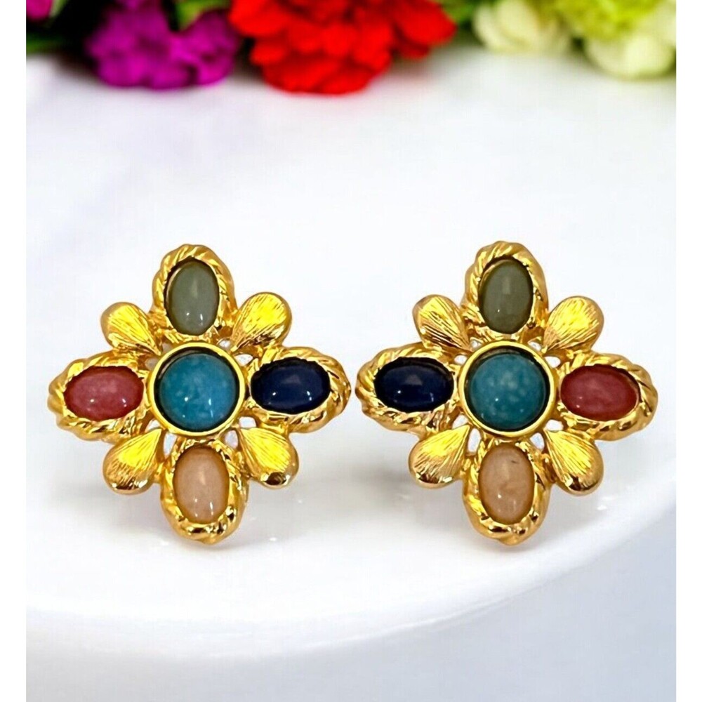 Vintage 1980s Liz Claiborne Faux Gemstone Earrings Gold Tone Floral Pierced - 5F